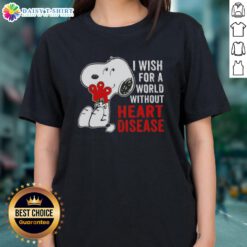 Alt Text: Ladies tee featuring Snoopy with 'I Wish For A World Without Heart Disease' slogan, promoting heart health awareness.