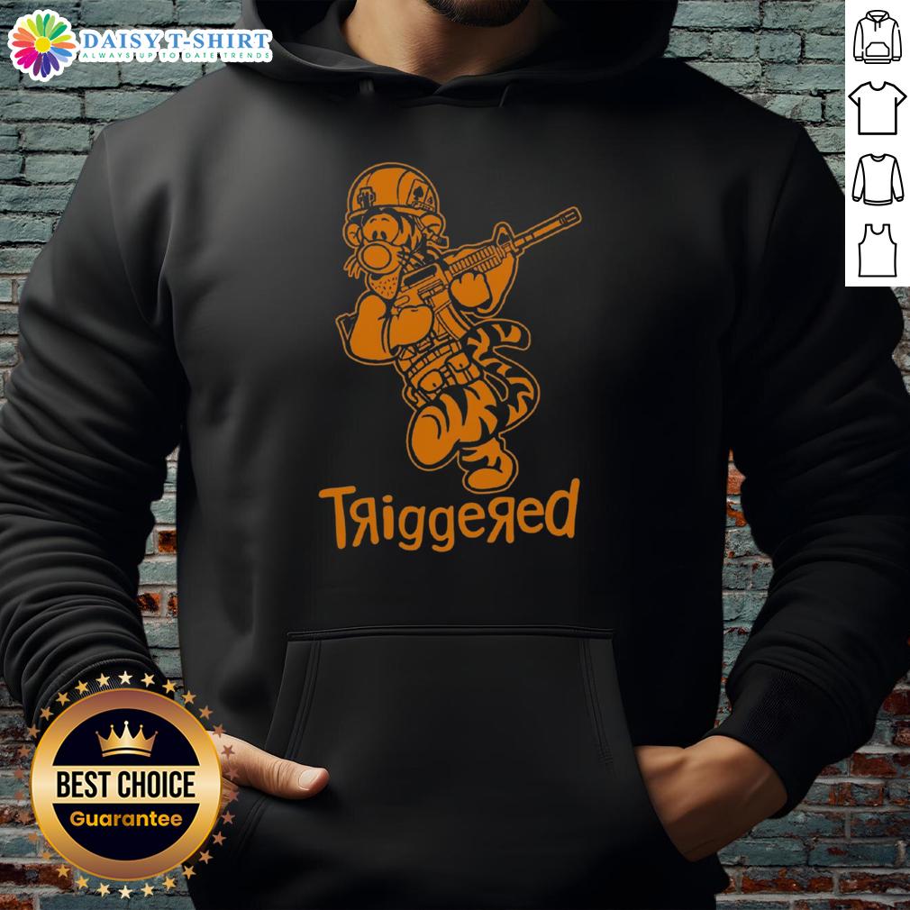 Nice Triggered Tiger Soldier parody cartoon hoodie featuring a vibrant design and playful character art.