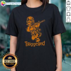 Funny Nice Triggered Tiger Soldier parody cartoon on a ladies tee, perfect for casual wear and animal lovers.