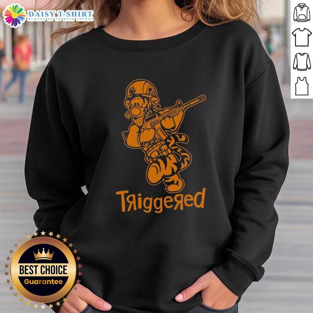 Nice Triggered Tiger Soldier parody cartoon sweatshirt featuring a bold graphic design in vibrant colors.