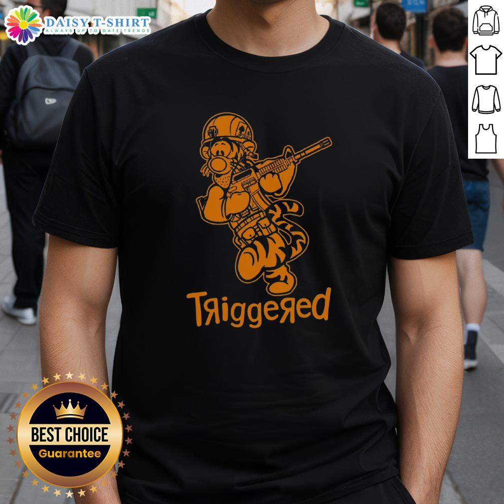 Funny triggered tiger soldier parody cartoon on a vibrant t-shirt, perfect for unique and humorous fashion lovers.