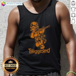 Nice Triggered Tiger Soldier parody cartoon tank top design featuring a fierce tiger in military gear.