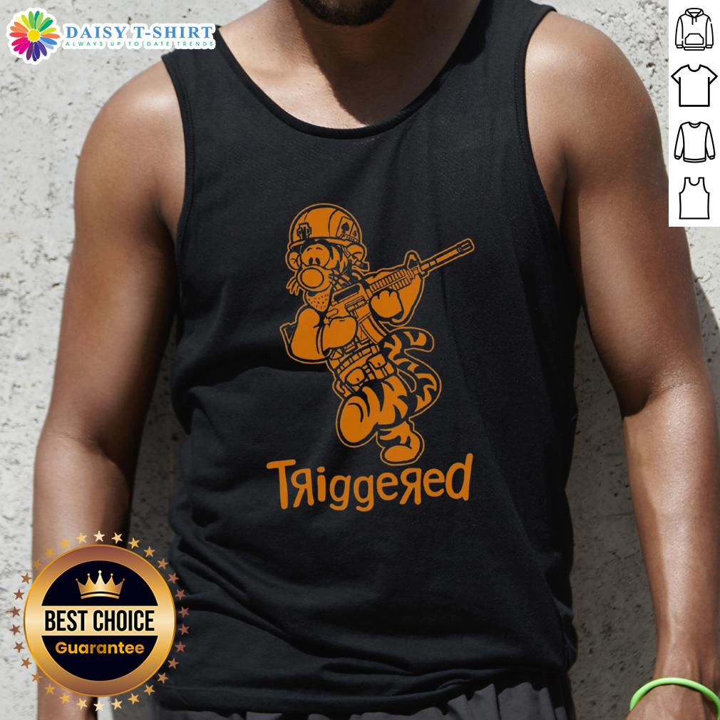 Nice Triggered Tiger Soldier parody cartoon tank top design featuring a fierce tiger in military gear.
