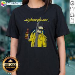 Official Cyberdrunk Bender Futurama Cyberpunk Ladies Tee featuring a vibrant graphic design of Bender in a futuristic style.