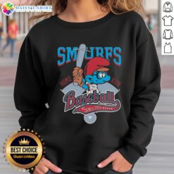 Official Smurf Baseball Home Run Since 1958 sweatshirt featuring vibrant blue design and playful Smurf graphics.