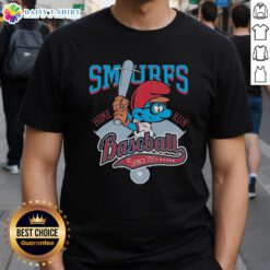 Alt Text: Official Smurf Baseball Home Run Since 1958 T-Shirt featuring vibrant graphic design and playful Smurf characters.