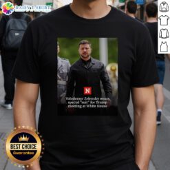 Alt Text: Official Volodymyr Zelensky in a special suit for Trump meeting at White House, featured on a trendy t-shirt.