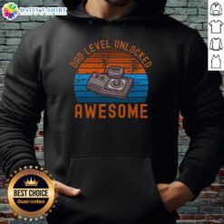 Original Dad Level Unlocked Retro Gamer Sunset Hoodie featuring vibrant sunset graphics and gaming icons for stylish dads.
