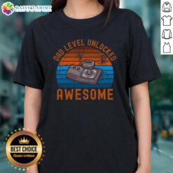 Original Dad Level Unlocked Retro Gamer Sunset Ladies Tee featuring vibrant graphics and a stylish fit for gaming fans.