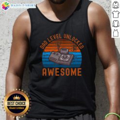 Original Dad Level Unlocked Retro Gamer Sunset Tank Top featuring a vibrant sunset graphic and gaming icons.