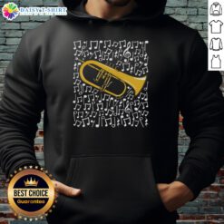 Alt Text: Original Flugelhorn hoodie featuring musical notes and a horn player, perfect for brass musicians and music lovers.