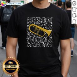 Alt Text: Original Flugelhorn musical notes design featuring a horn player, perfect for brass musician enthusiasts T-shirt.