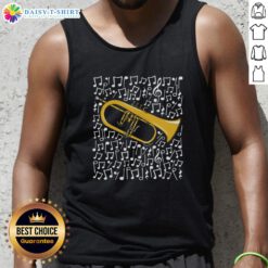 Original Flugelhorn tank top featuring musical notes and a brass musician playing the horn, perfect for music lovers.