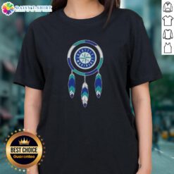 Alt Text: Original Native American Indians X Seattle Mariners baseball ladies tee featuring unique design and vibrant colors.