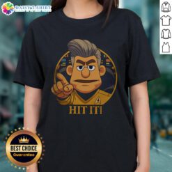 Original Star Trek cartoon parody tee featuring Captain in a humorous sci-fi design for ladies.