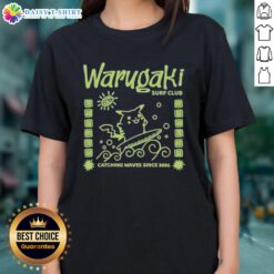Original Warugaki Surf Club 'Catching Waves Since 2021' Pikachu ladies tee featuring vibrant surf-inspired design.