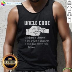 Awesome Uncle Code Rules Bed Time Is Whenever tank top design featuring playful typography on a vibrant background.
