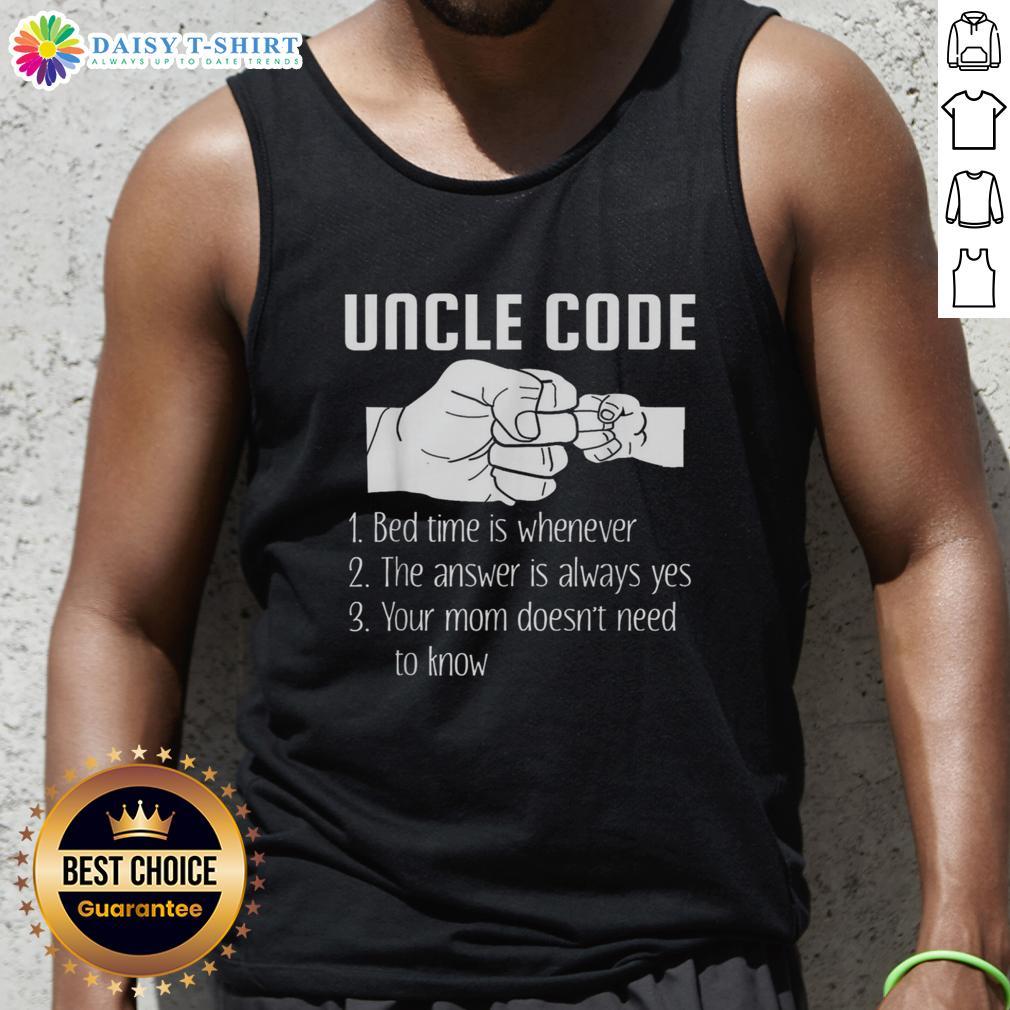 Awesome Uncle Code Rules Bed Time Is Whenever tank top design featuring playful typography on a vibrant background.