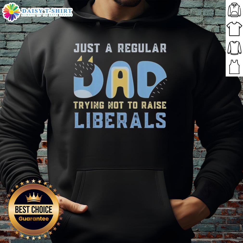 Good Bluey hoodie featuring 'Just a Regular Dad Trying Not to Raise Liberals' slogan, perfect for humorous parenting.
