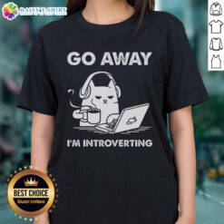 Good Cat Go Away Im Introverting Ladies Tee design featuring a playful cat graphic and introversion message.