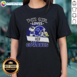 Girl wearing a Dallas Cowboys football helmet tee, showcasing love for her team with a cute Snoopy design.