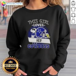 Girl wearing a Dallas Cowboys football helmet sweatshirt, showcasing her love for the team with a smile and Snoopy.