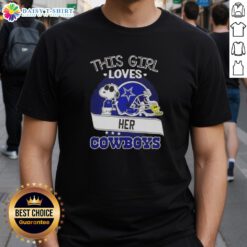 Girl wearing a Dallas Cowboys football helmet t-shirt featuring Snoopy, showcasing her love for the team.