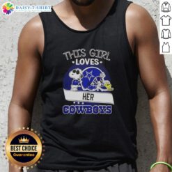 Girl wearing a Dallas Cowboys football helmet tank top, showcasing her love for the team with a playful Snoopy design.