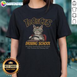 Alt Text: Good Toonces Driving School tee featuring Toonces the cat driving, perfect for cat lovers and driving enthusiasts.
