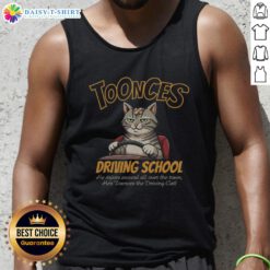 Toonces the driving cat wearing a tank top, representing Good Toonces Driving School in a fun and playful scene.