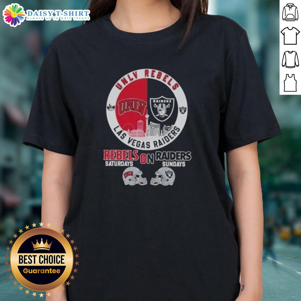 UNLV Rebels and Las Vegas Raiders football helmets with skyline, featured on a ladies tee for game day.