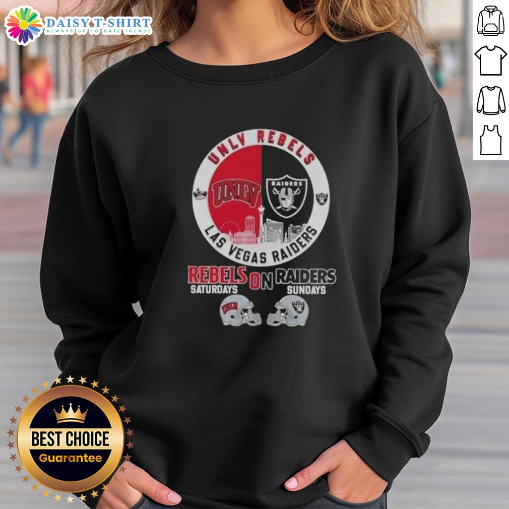 Good UNLV Rebels and Las Vegas Raiders football helmets skyline sweatshirt showcasing team spirit and city pride.