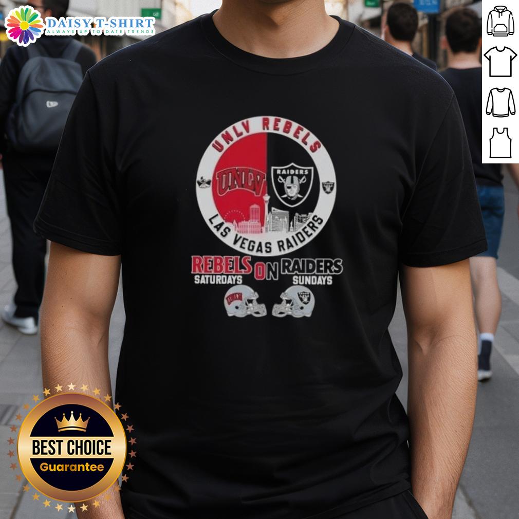 Good UNLV Rebels Saturdays and Las Vegas Raiders Sundays football helmets skyline T-shirt design showcasing team pride.