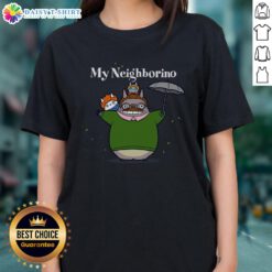 Happy My Neighborino Ladies Tee featuring a vibrant design, perfect for fans of the show and stylish casual wear.