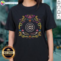 Alt Text: Hot Chicago Cubs Dia de los Muertos MLB celebration ladies tee featuring vibrant skull design and team colors.