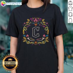 Hot Cleveland Guardians Dia de los Muertos MLB celebration ladies tee featuring vibrant colors and festive design.