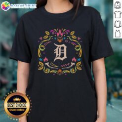 Alt Text: Hot Detroit Tigers Dia de los Muertos MLB celebration ladies tee featuring vibrant colors and festive design.