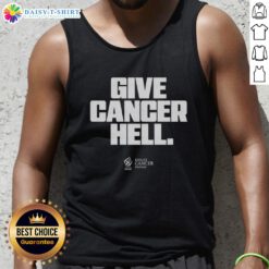 Woman wearing a 'Hot Give Cancer Hell' tank top, promoting cancer awareness and empowerment in a stylish design.