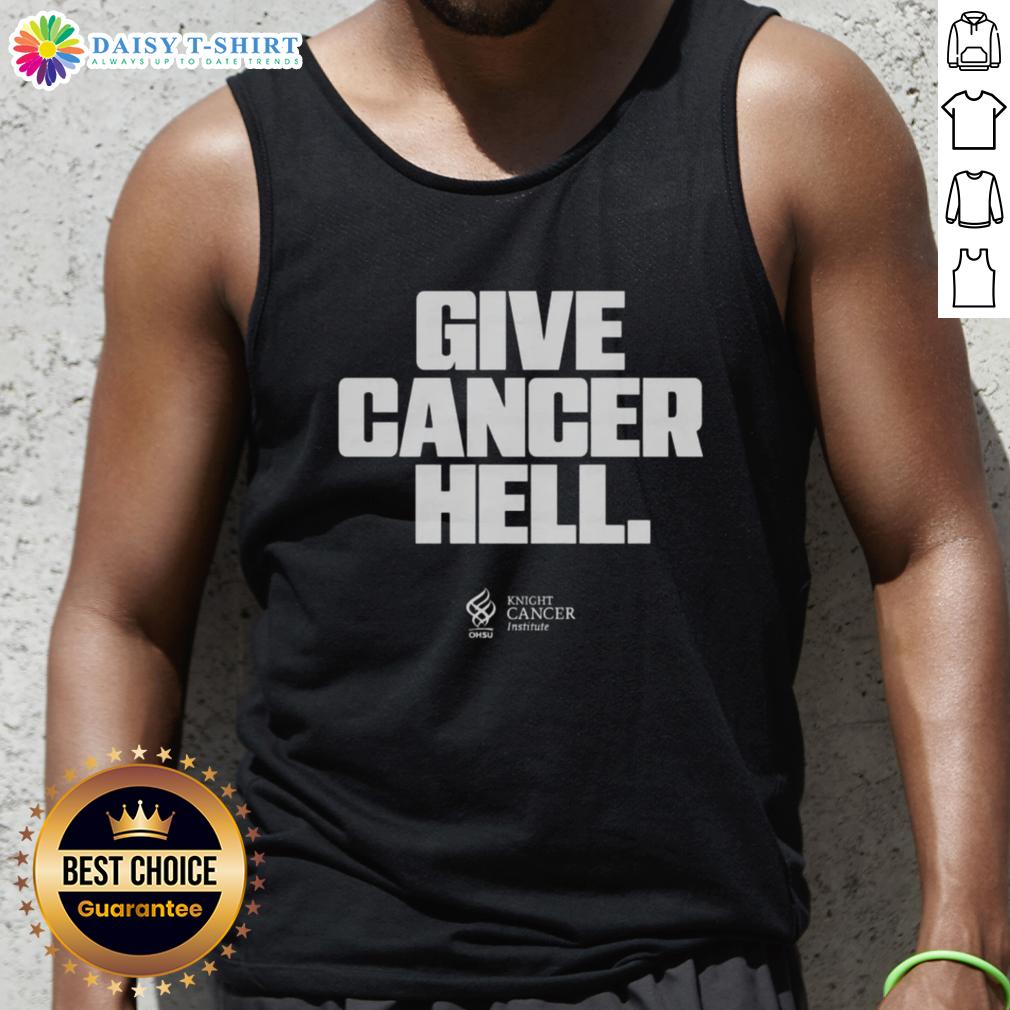 Woman wearing a 'Hot Give Cancer Hell' tank top, promoting cancer awareness and empowerment in a stylish design.