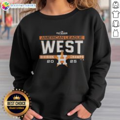 Alt Text: Hot Houston Astros MLB 2025 AL West Division Title postseason locker room sweatshirt on display.