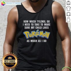 Child wearing a Pokemon tank top, showing enthusiasm for Pokemon, with a playful background related to Tylenol dosage.