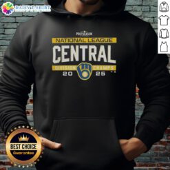 2025 Milwaukee Brewers NL Central Division Title hoodie in locker room, celebrating postseason success.