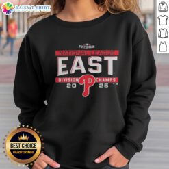 Alt Text: Philadelphia Phillies 2025 NL East Division Title postseason locker room sweatshirt, showcasing team pride and excitement.