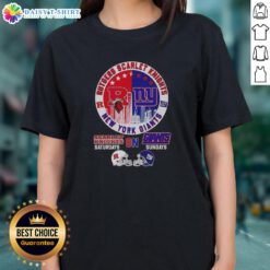 Stylish ladies tee featuring Rutgers Scarlet Knights and New York Giants helmet design against a city skyline backdrop.