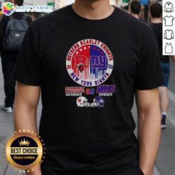 Alt Text: Hot Rutgers Scarlet Knights and New York Giants helmet graphic on city skyline t-shirt design, perfect for fans.