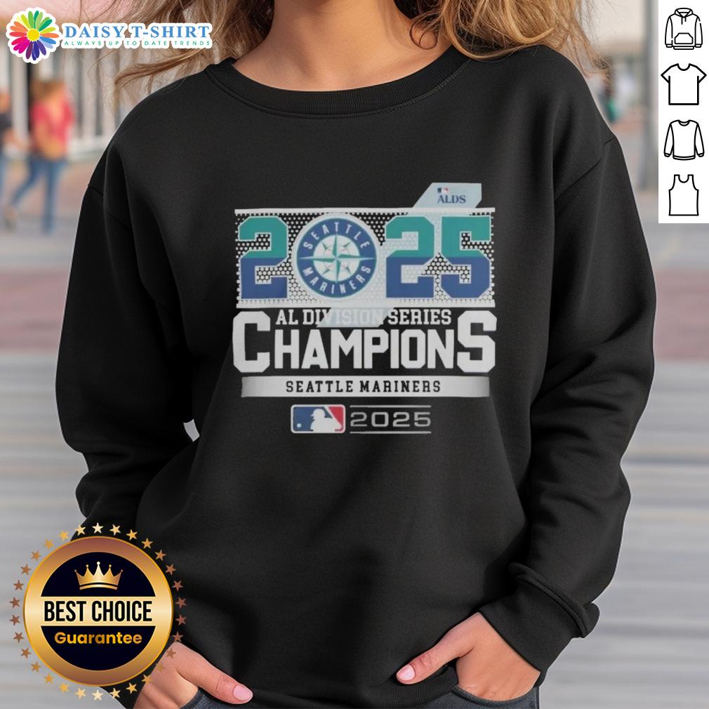Alt Text: Hot Seattle Mariners 2025 MLB Postseason AL Division Series Champions sweatshirt featuring team logo and vibrant design.