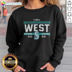Seattle Mariners 2025 AL West Division Title sweatshirt in the postseason locker room, celebrating MLB success.