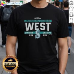 Alt Text: Seattle Mariners MLB 2025 AL West Division Title postseason locker room t-shirt featuring team logo and vibrant design.