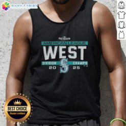 Seattle Mariners MLB 2025 AL West Division Title celebration in locker room featuring team tank tops.