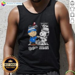 Hot Snoopy and Charlie Brown tank top featuring Los Angeles Dodgers and Las Vegas Raiders skyline design.
